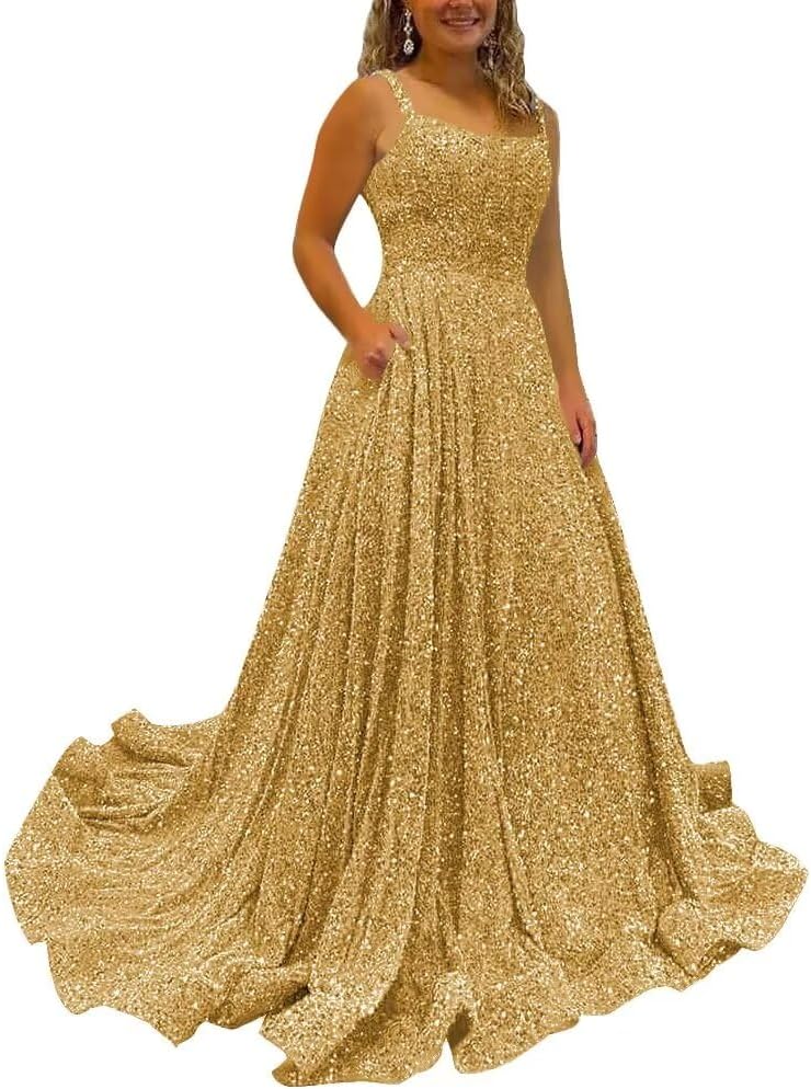 Kingbridal Gowns Spaghetti Straps Prom Dresses Long for Women 2026 A Line Sequin Satin Formal Evening Party Ball Gowns with Slit