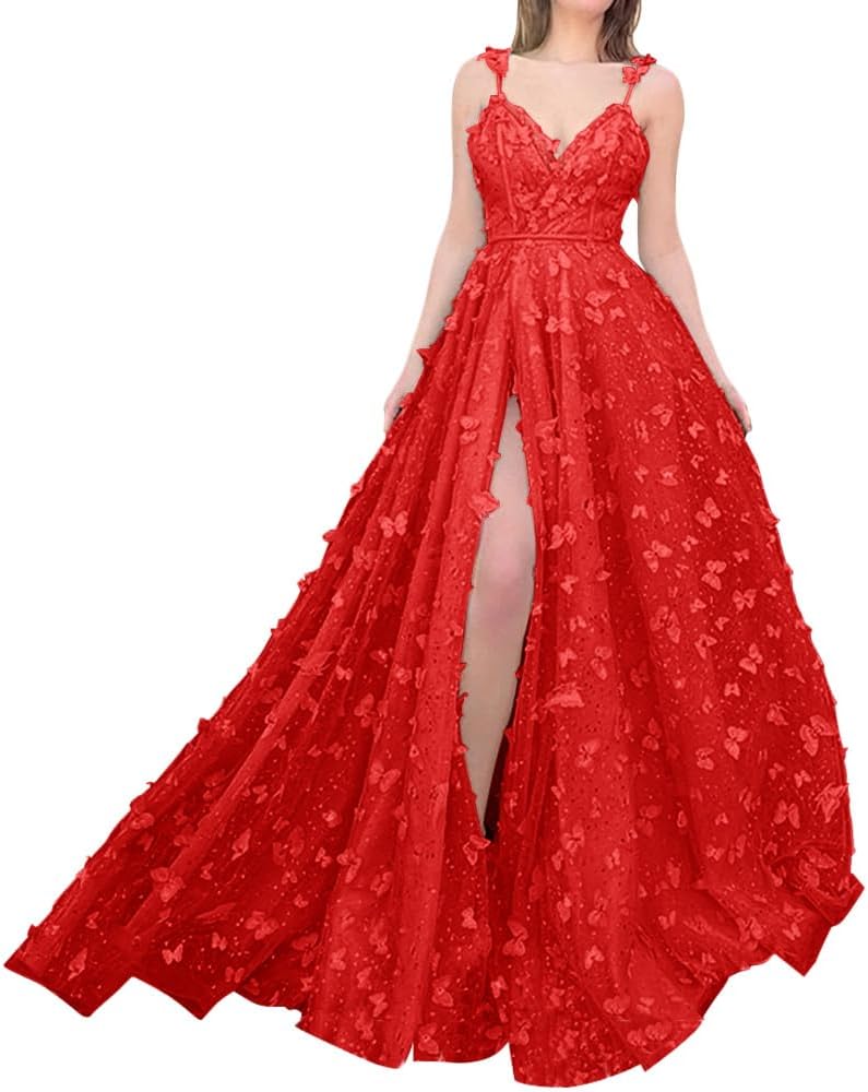Sparkly Prom Dresses for Teens 2027 3D Butterfly Tulle Spaghetti Straps Long Slit Backless Party Gowns