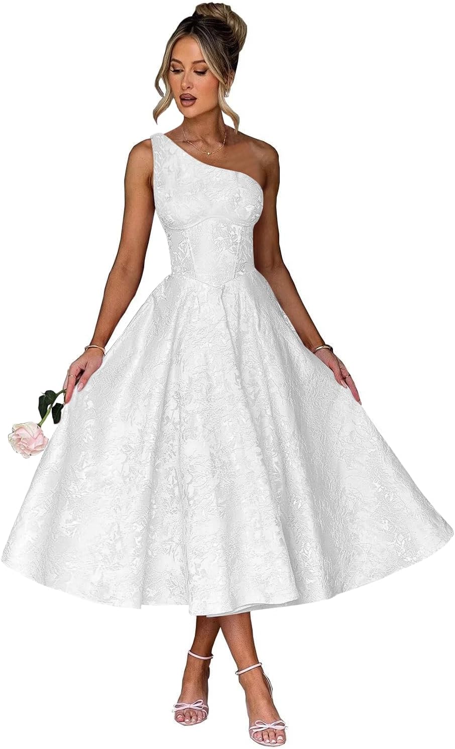 Jacquard Floral Satin Prom Dresses 2026 One Shoulder A-Line Midi Formal Evening Party Gown with Pockets for Women