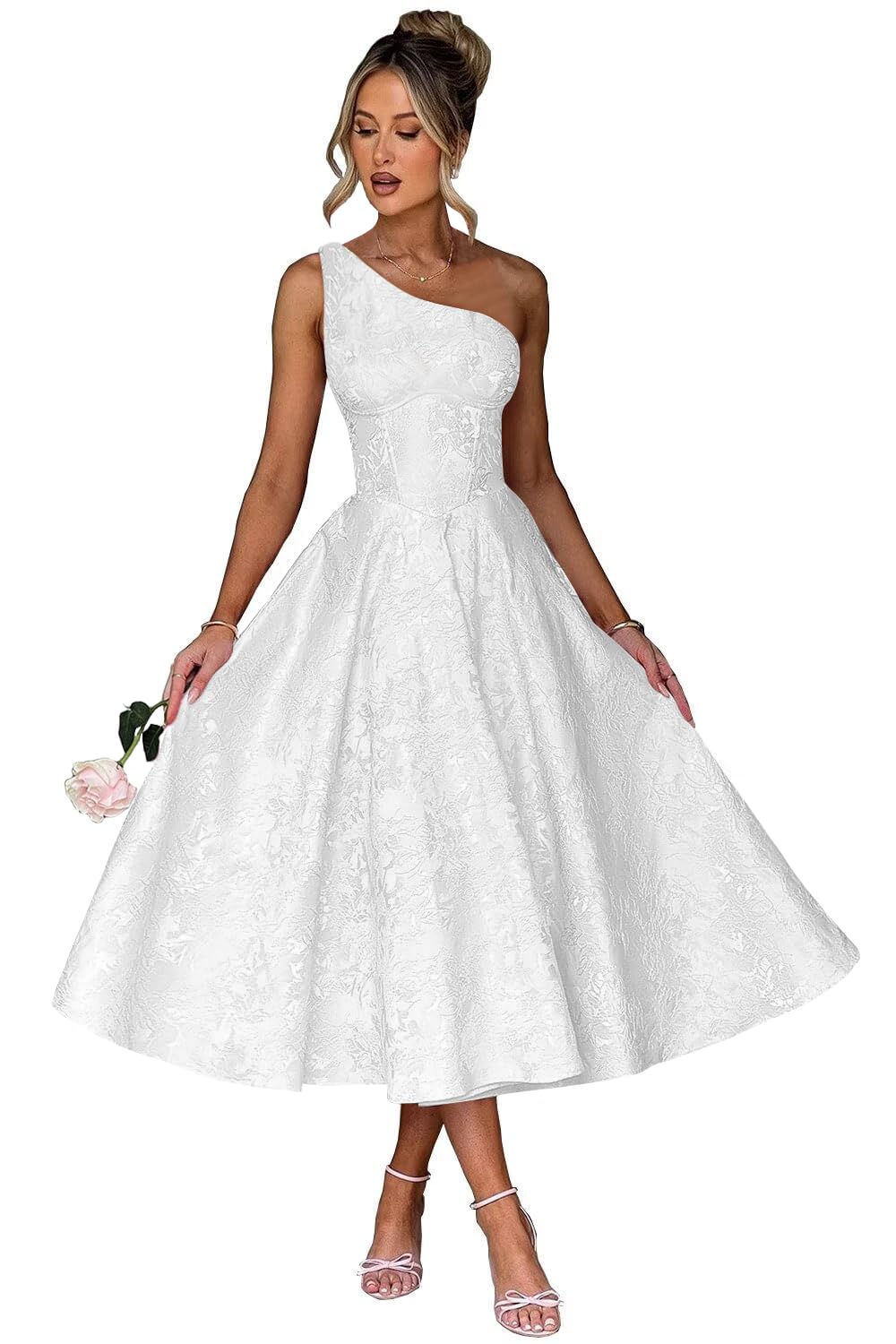 Jacquard Floral Satin Prom Dresses 2026 One Shoulder A-Line Midi Formal Evening Party Gown with Pockets for Women