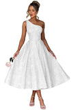 Jacquard Floral Satin Prom Dresses 2026 One Shoulder A-Line Midi Formal Evening Party Gown with Pockets for Women