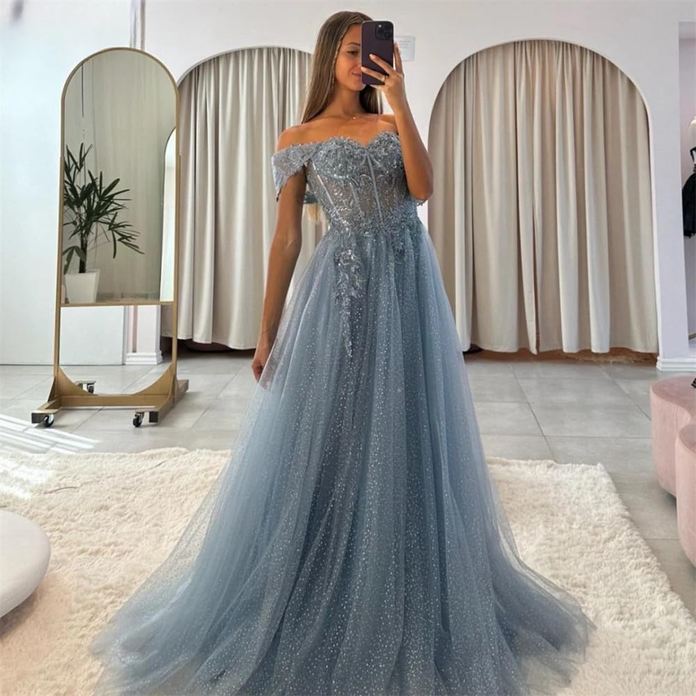 Off The Shoulder Tulle Prom Dresses 2027 Lace Applique A Line Long Sparkly Formal Evening Party Gowns