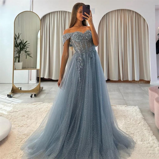Off The Shoulder Tulle Prom Dresses 2027 Lace Applique A Line Long Sparkly Formal Evening Party Gowns