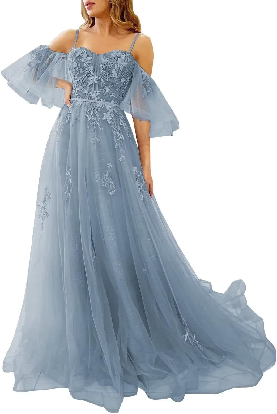 Vestidos de fiesta de tul con hombros descubiertos para adolescentes, vestidos formales con apliques de encaje, vestido de fiesta de noche formal de línea A
