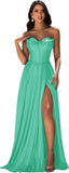 Strapless Prom Dress with Slit Satin A Line Long Ball Gowns for Women Sweetheart Corset Formal Dress with Pockets