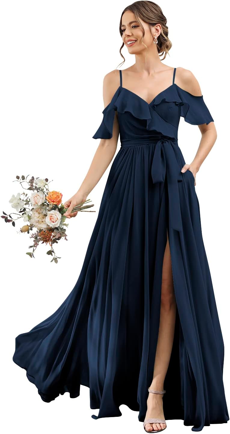 Women's Bridesmaid Dresses with Slit Long Cold Shoulder Chiffon Formal Party Dress with Pockets