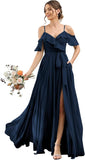 Women's Bridesmaid Dresses with Slit Long Cold Shoulder Chiffon Formal Party Dress with Pockets