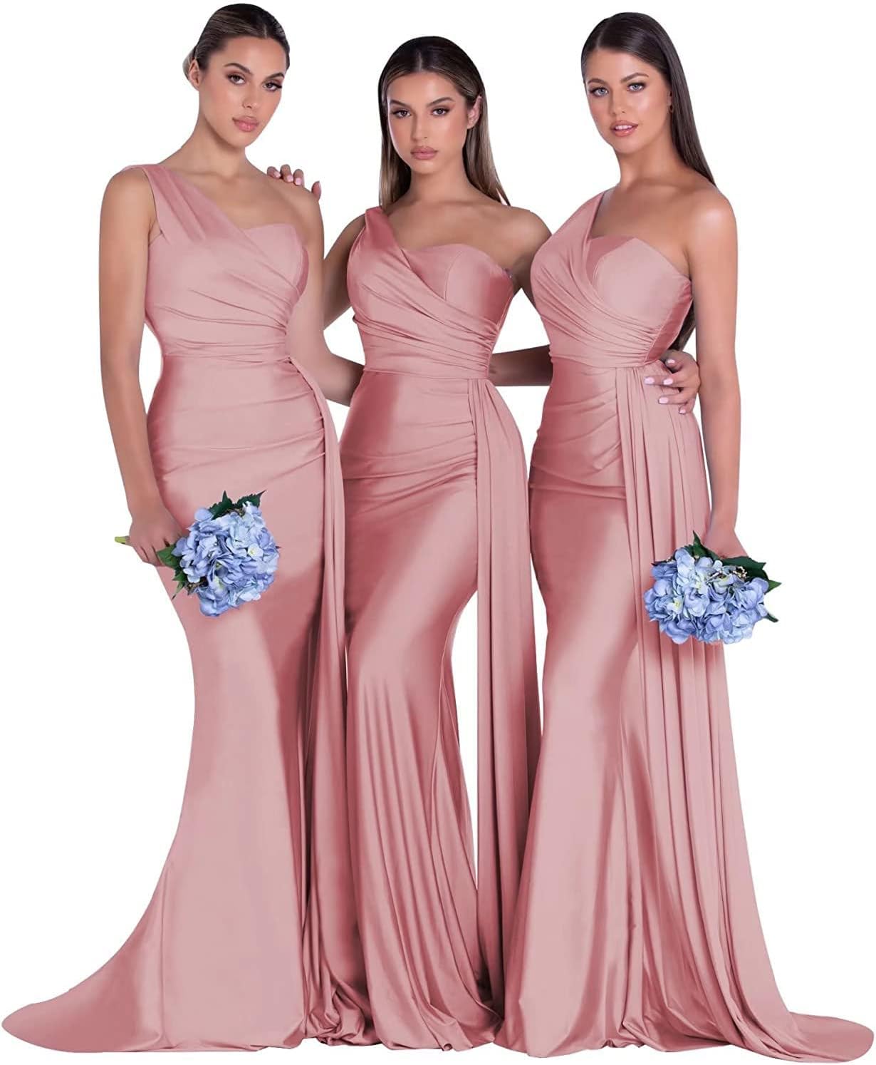 Women's One Shoulder Mermaid Bridesmaid Dresses Long Ruched Bodycon Satin Formal Prom Gowns