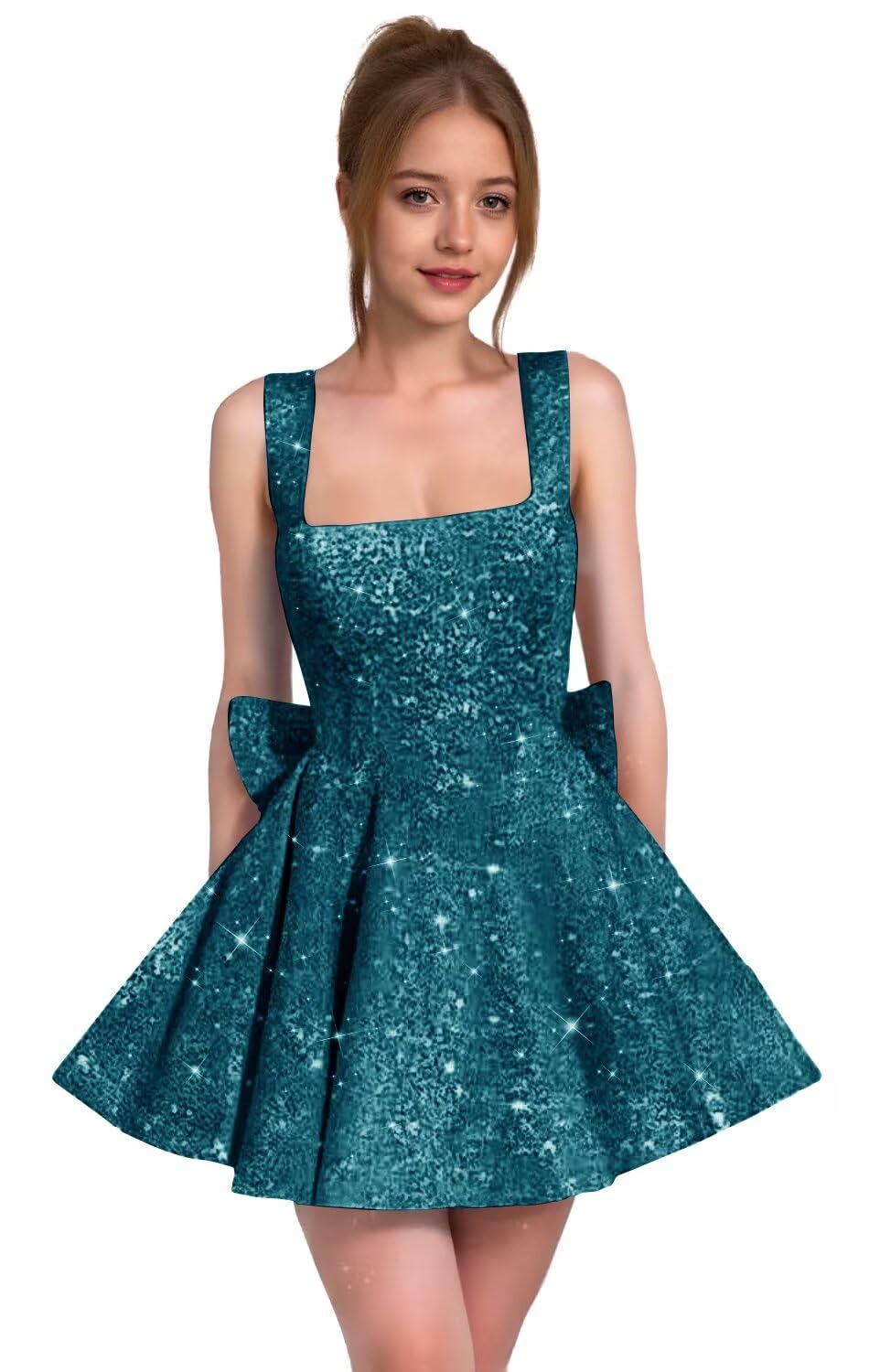 Sparkly Sequin Homecoming Dresses for Teens Short Prom Dress Square Neck Bow Formal Cocktail Gowns with Pockets