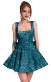 Sparkly Sequin Homecoming Dresses for Teens Short Prom Dress Square Neck Bow Formal Cocktail Gowns with Pockets