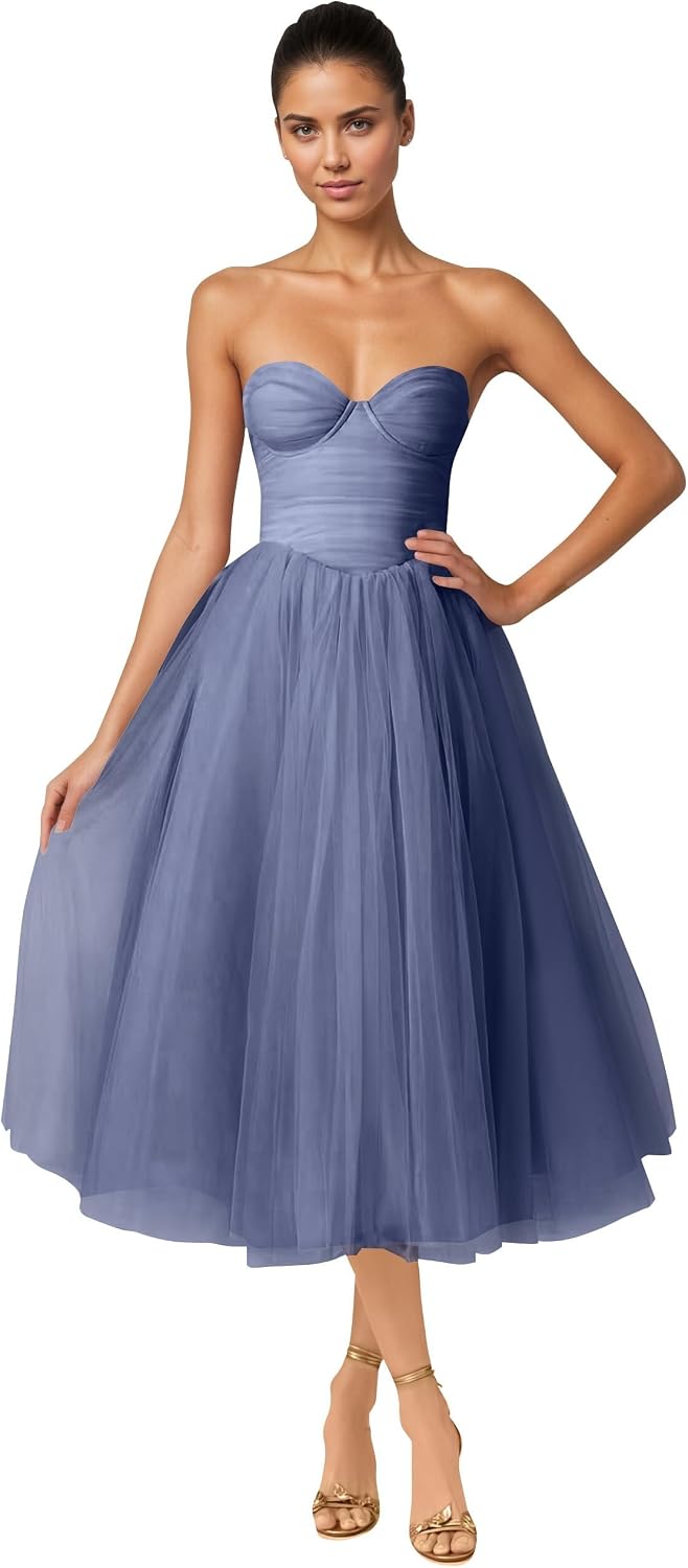 Strapless Prom Dresses Sweetheart Tulle Ball Gowns Corset Short Homecoming Dresses Pleated Lace-up Evening Dresses