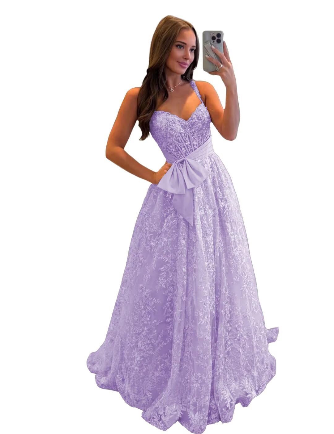 Lace Tulle Prom Dresses with Bow Appliques Corset A Line Long Formal Dress