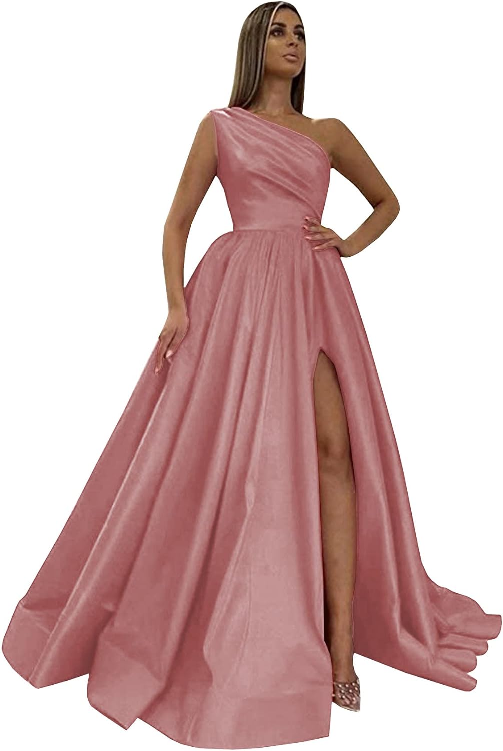Women's One Shoulder Prom Dresses 2026 Long Slit Satin Formal Evening Gowns with Pockets