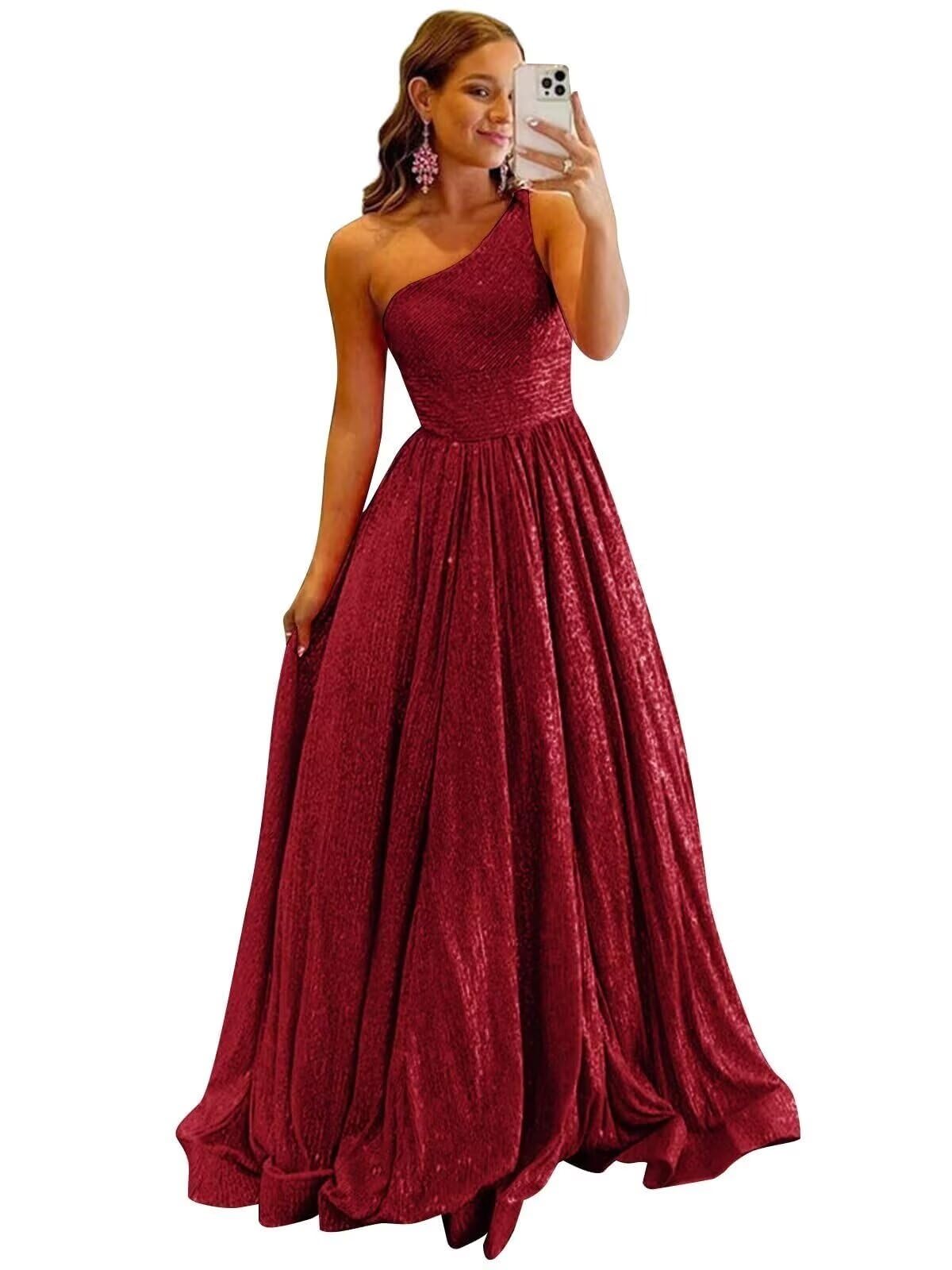 One Shoulder Sequin Prom Dresses for Women 2027 Sparkly Long A-Line Formal Evening Party Ball Gowns with Pockets