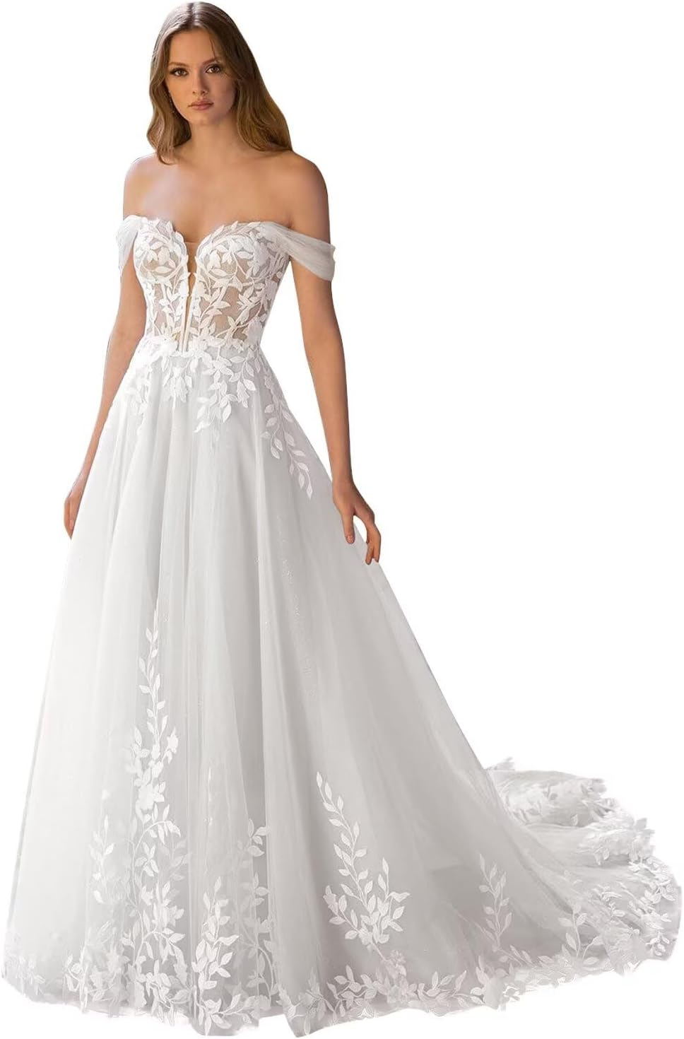 Kingbridal Gowns Lace Appliques Wedding Dresses for Bride Long V Neck Tulle Chiffon A-line Sleeveless Bridal Ball Gown for Women