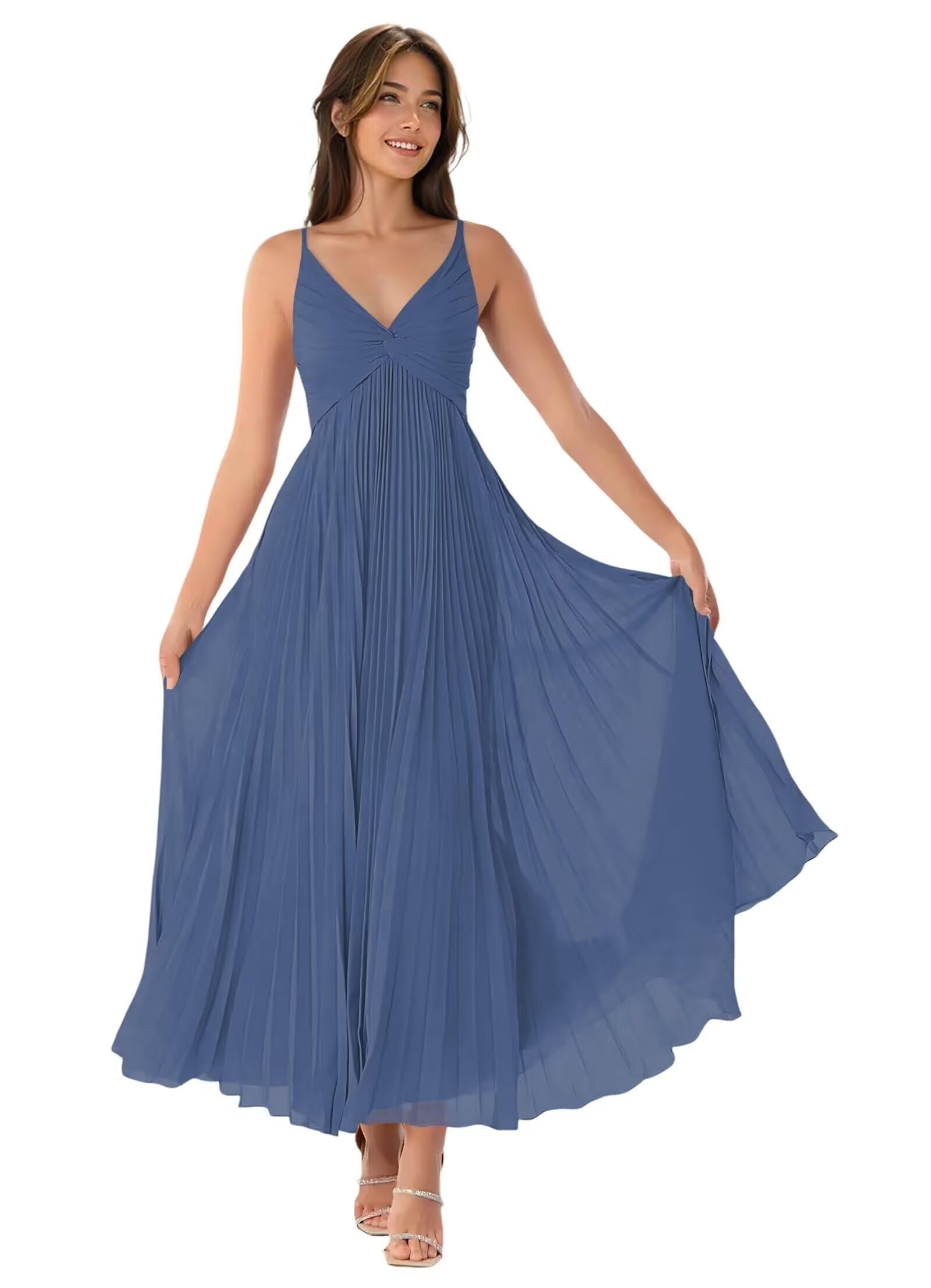 V-Neck Pleated Bridesmaid Dresses for Women Chiffon Spaghetti Straps Pleates Long Formal Wedding Guest Dress