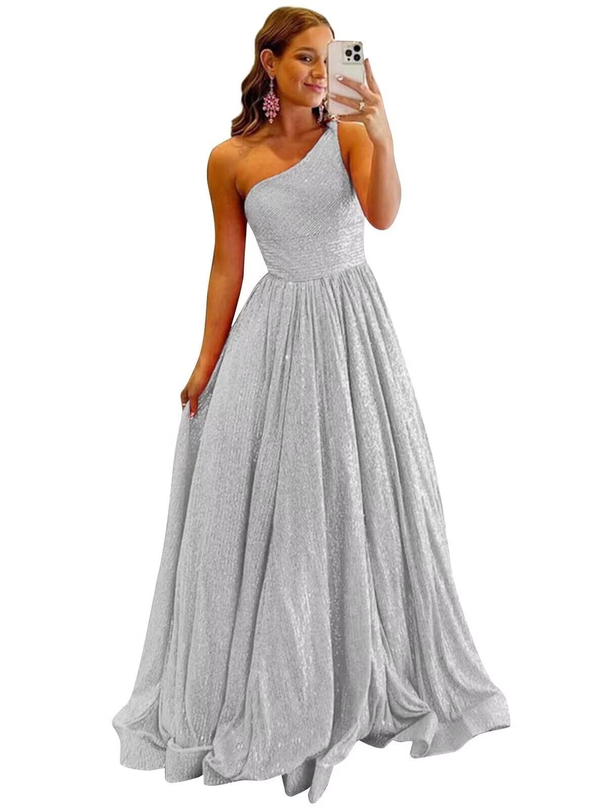 One Shoulder Sequin Prom Dresses for Women 2027 Sparkly Long A-Line Formal Evening Party Ball Gowns with Pockets