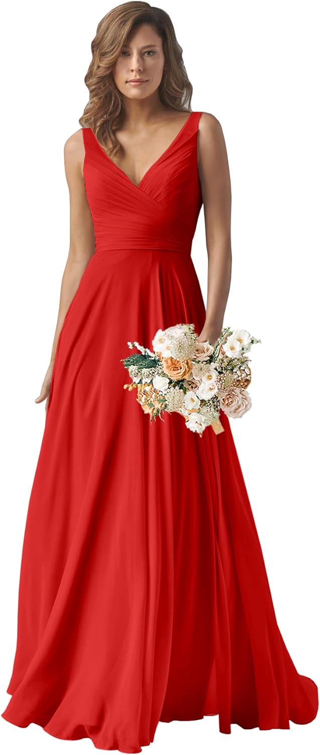 Chiffon Bridesmaid Dresses Long for Women A Line Ruched Formal Porm Evening Gowns