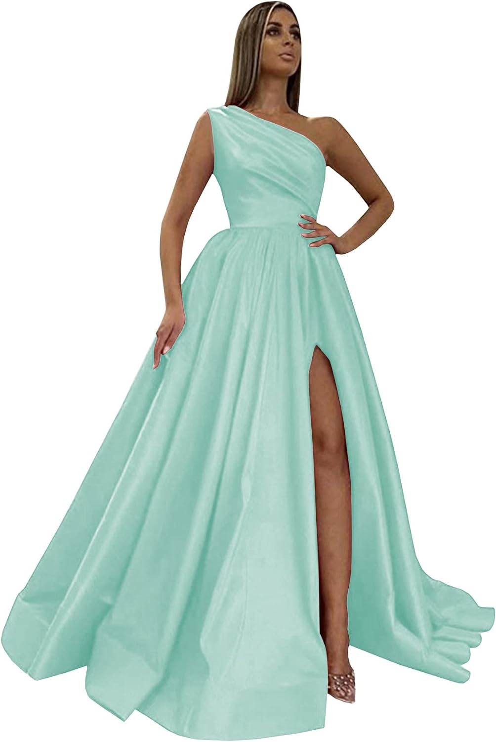Women's One Shoulder Prom Dresses 2026 Long Slit Satin Formal Evening Gowns with Pockets