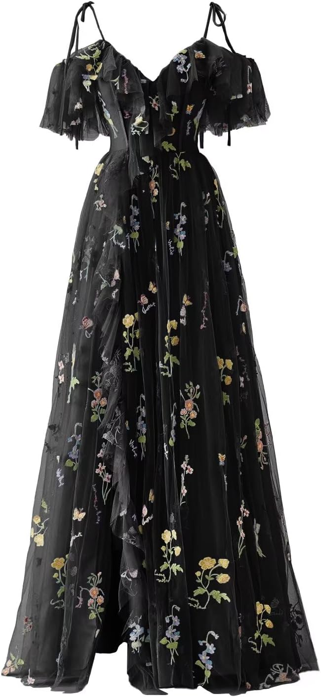 Vestidos de fiesta de tul con bordado floral para mujer, tirantes finos, largos, formales, de noche, 2024 