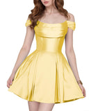 Satin Homecoming Dresses Short Wedding Dresses 2027 Off Shoulder Prom Dress with Pockets A Line Formal Party Gown