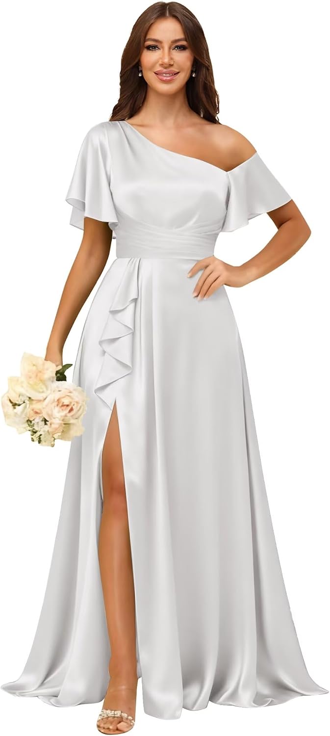 Short Sleeve Satin Bridesmaid Dresses for Women Ruffle One Shoulder Formal Evening Gowns with Slit