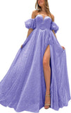 Tulle Prom Dresses for Women 2027 Sparkly Puffy Sleeves Long Ball Gowns with Slit A-Line Evening Dresses