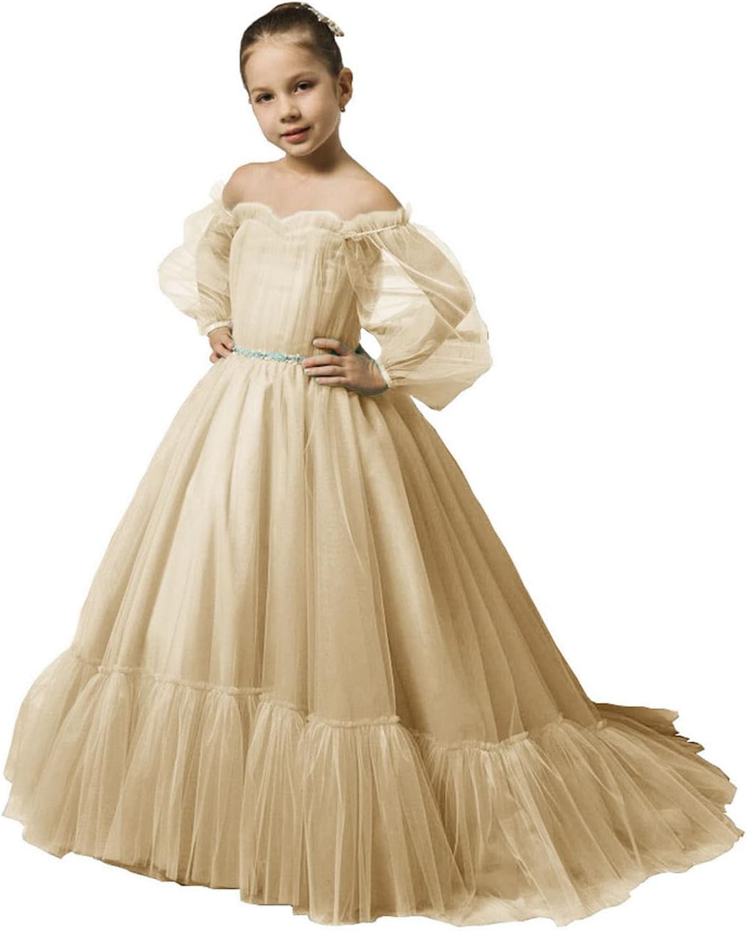 Puffy Sleeves Flower Girl Dress for Wedding Tulle Princess Pageant Dress Kids Prom Ball Gown with Belt