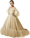 Puffy Sleeves Flower Girl Dress for Wedding Tulle Princess Pageant Dress Kids Prom Ball Gown with Belt