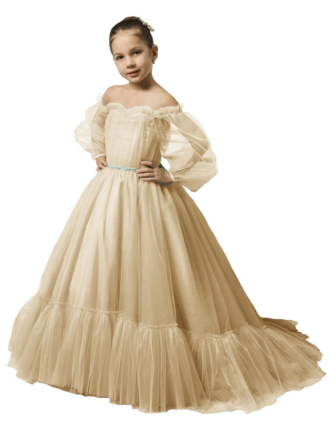 Puffy Sleeves Flower Girl Dress for Wedding Tulle Princess Pageant Dress Kids Prom Ball Gown with Belt