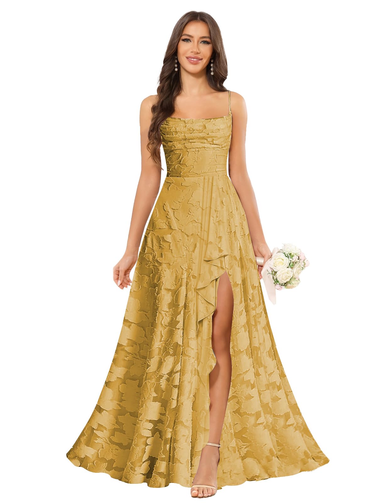 Women’s Ruffled Bridesmaid Dresses Scoop Neck Floral Chiffon Formal Dress Wrap Pleated Wedding Guest Dress