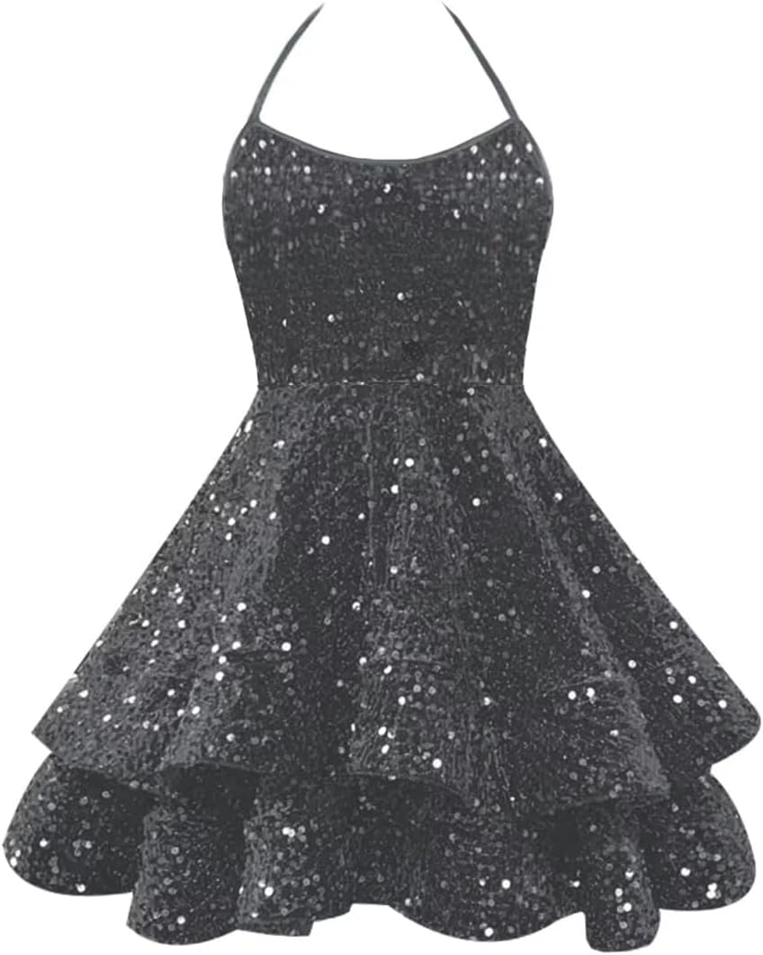 Sparkly Sequin Homecoming Dresses 2026 Spaghetti Straps Tiered Prom Dresses for Teens Short Cocktail Party Gowns