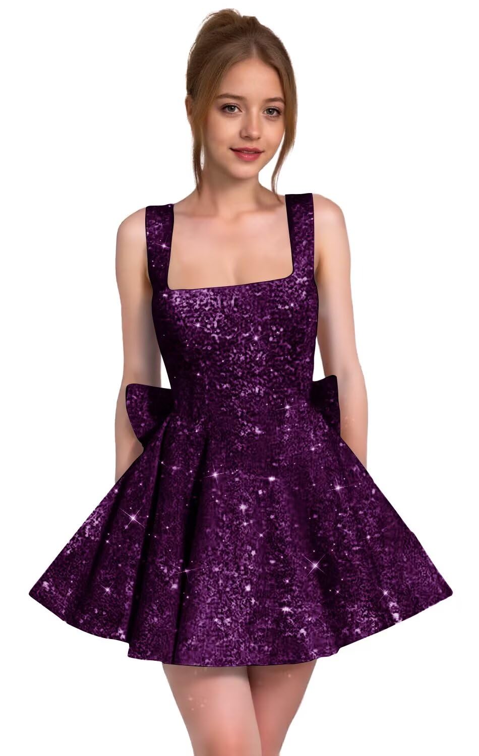 Sparkly Sequin Homecoming Dresses for Teens Short Prom Dress Square Neck Bow Formal Cocktail Gowns with Pockets