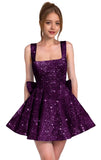 Sparkly Sequin Homecoming Dresses for Teens Short Prom Dress Square Neck Bow Formal Cocktail Gowns with Pockets