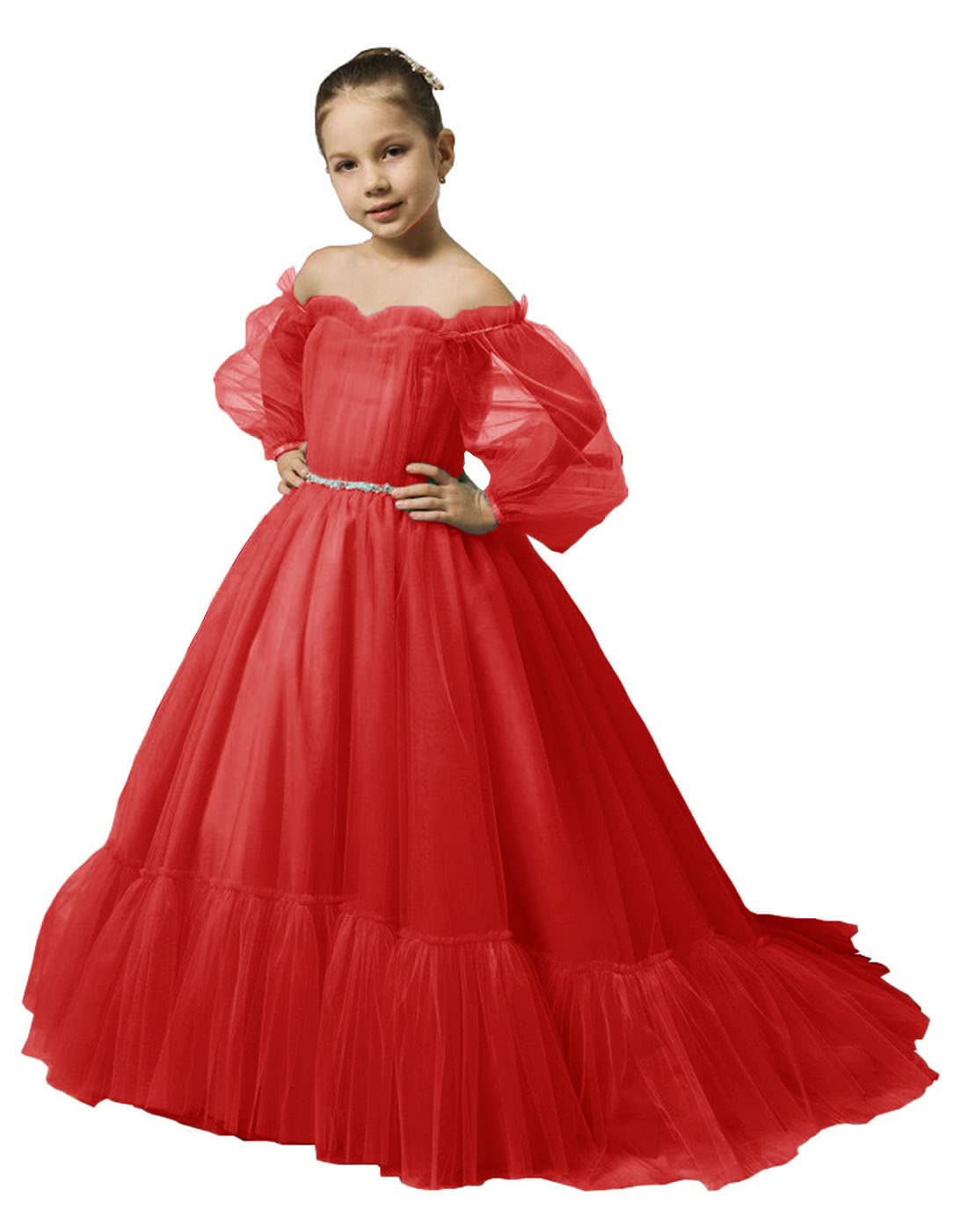 Puffy Sleeves Flower Girl Dress for Wedding Tulle Princess Pageant Dress Kids Prom Ball Gown with Belt