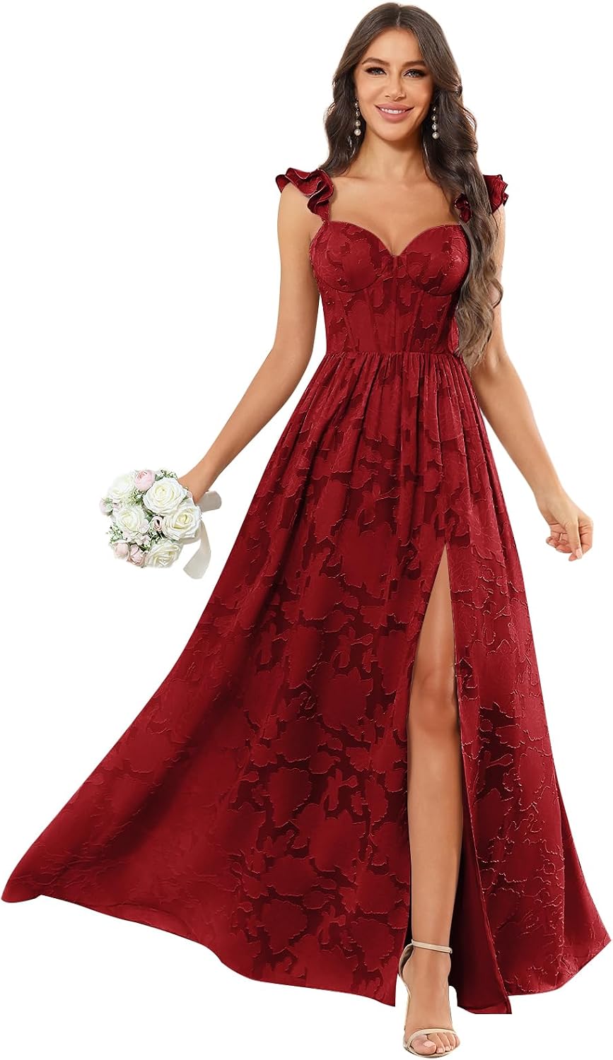 Chiffon Floral Bridesmaid Dresses with Slit Sleeveless Corset Ruffle A Line Long Formal Evening Gowns