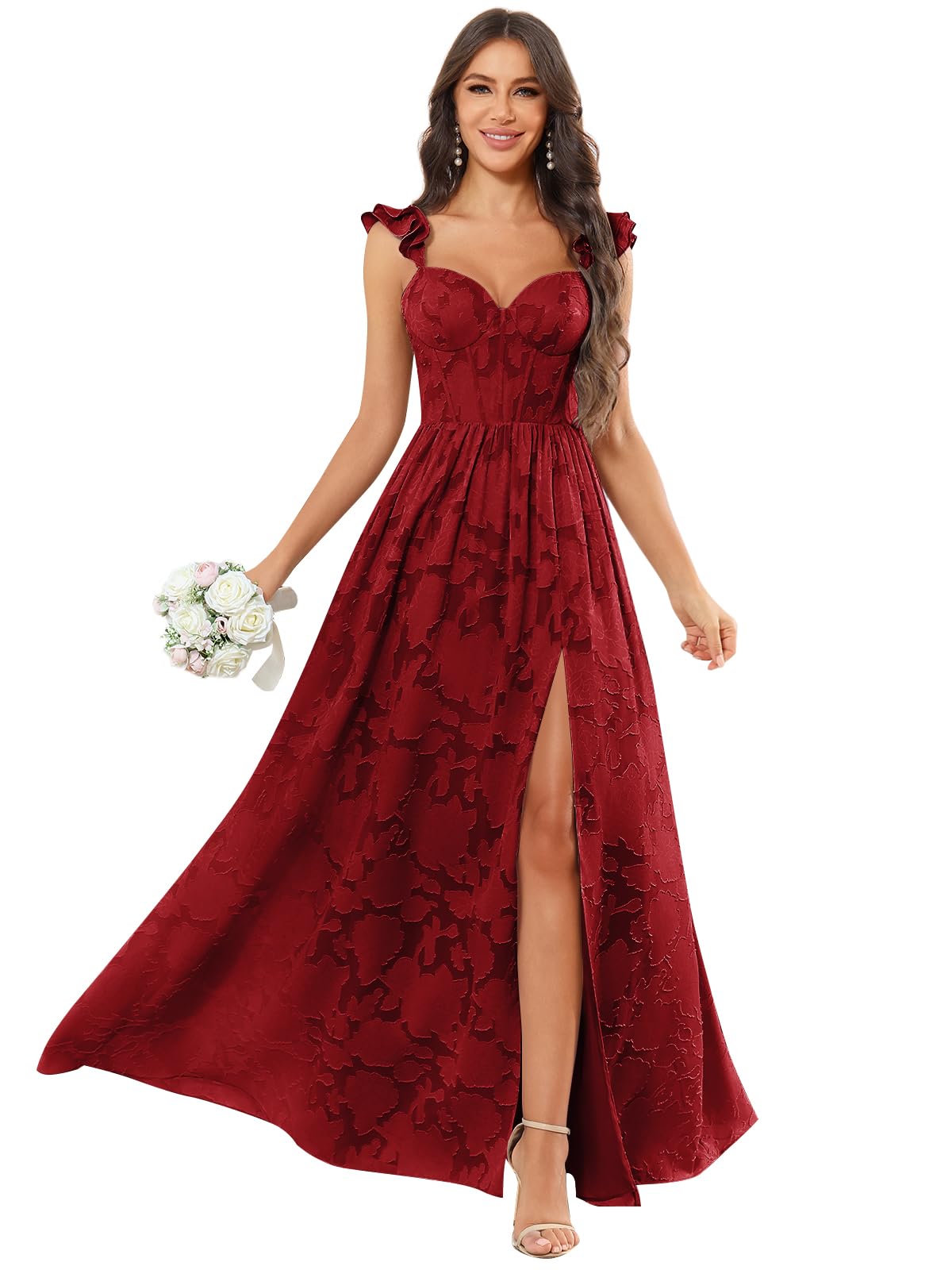 Chiffon Floral Bridesmaid Dresses with Slit Sleeveless Corset Ruffle A Line Long Formal Evening Gowns