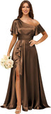Short Sleeve Satin Bridesmaid Dresses for Women Ruffle One Shoulder Formal Evening Gowns with Slit