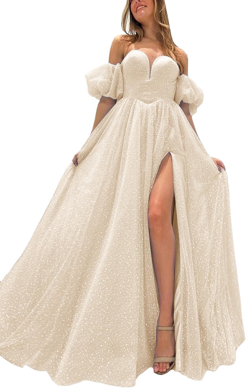 Tulle Prom Dresses for Women 2027 Sparkly Puffy Sleeves Long Ball Gowns with Slit A-Line Evening Dresses