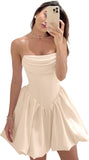 Satin Flower Bud Homecoming Dress Short Prom Dress Cowl Neck Pleated A Line Mini Cocktail Party Gown