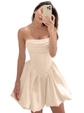 Satin Flower Bud Homecoming Dress Short Prom Dress Cowl Neck Pleated A Line Mini Cocktail Party Gown
