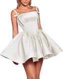 Satin Homecoming Dresses for Teens 2027 Spaghetti Straps Square Neck A-line Short Prom Dresses with Pockets