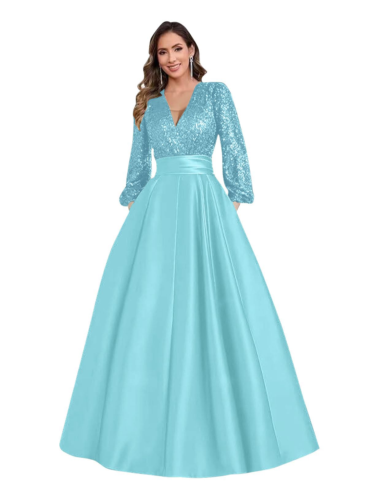 Satin Mother of Bride Dresses Long for Women Sequin Long Sleeve Evening Gown with Pockets