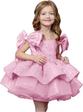Sparkly Sequin Puffy Flower Dresses Short Girls A Line Princess Bow Knot Birthday Party Dress
