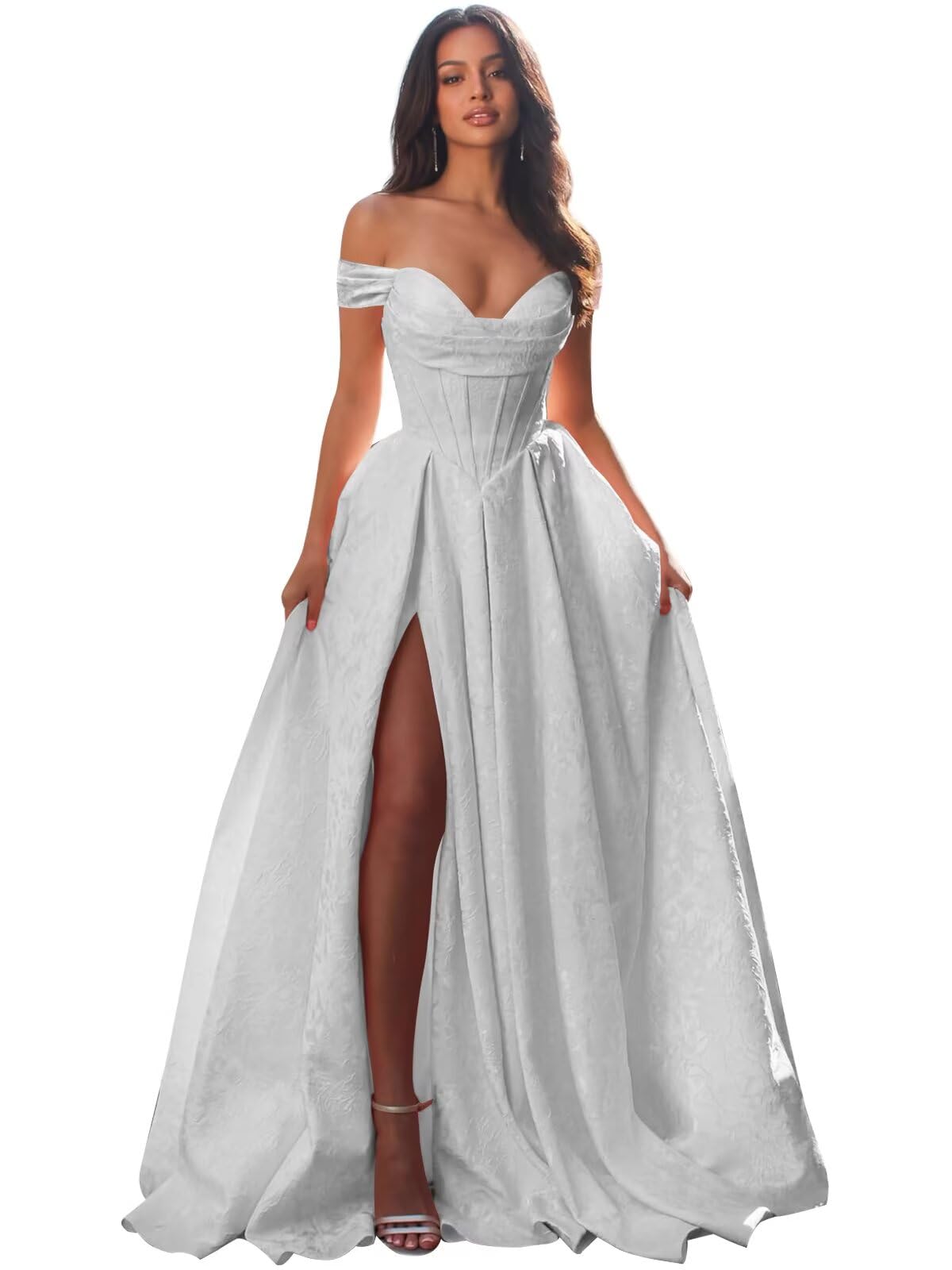 Jacquard Satin Prom Dresses Off the Shoulder Corset A Line Long Formal Gown Sweetheart Neck Party Dress with Slit
