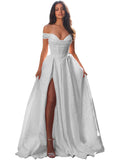 Jacquard Satin Prom Dresses Off the Shoulder Corset A Line Long Formal Gown Sweetheart Neck Party Dress with Slit