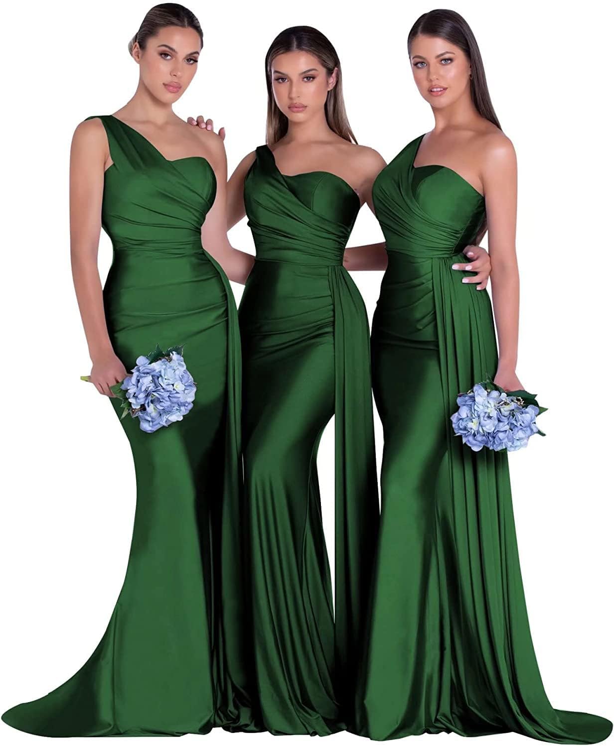 Women's One Shoulder Mermaid Bridesmaid Dresses Long Ruched Bodycon Satin Formal Prom Gowns