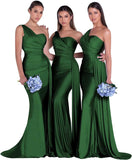 Women's One Shoulder Mermaid Bridesmaid Dresses Long Ruched Bodycon Satin Formal Prom Gowns