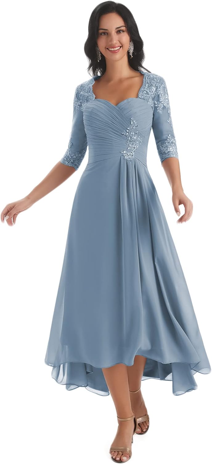 Women's Tea Length Mother of The Bride Dresses for Wedding Short Sleeves Lace Applique Formal Evening Prom Gowns