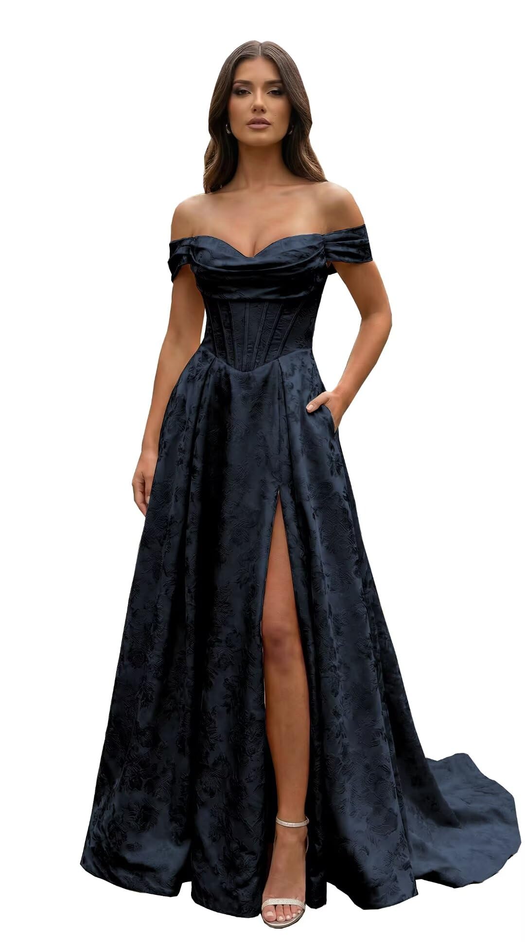Jacquard Satin Prom Dresses Off the Shoulder Corset A Line Long Formal Gowns